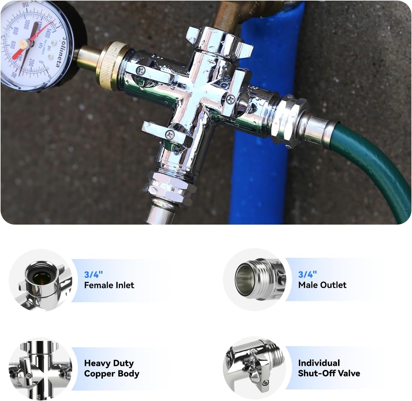 Solimeta 3 Way Heavy Duty Garden & House Hose Splitter: All-Brass Forged Industrial-Grade Hose Manifold, 3/4" Spigot Faucet Connectors with 3 Individual On/Off Valve, Chrome-Plated