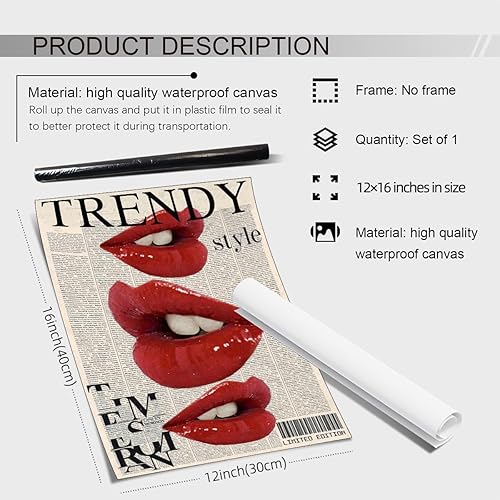 Miniatura 2 de jkahh Arte de pared de periódico Y2k de moda estilo vintage, labios rojos, impresiones de beso, póster de moda preppy estética, lienzo para