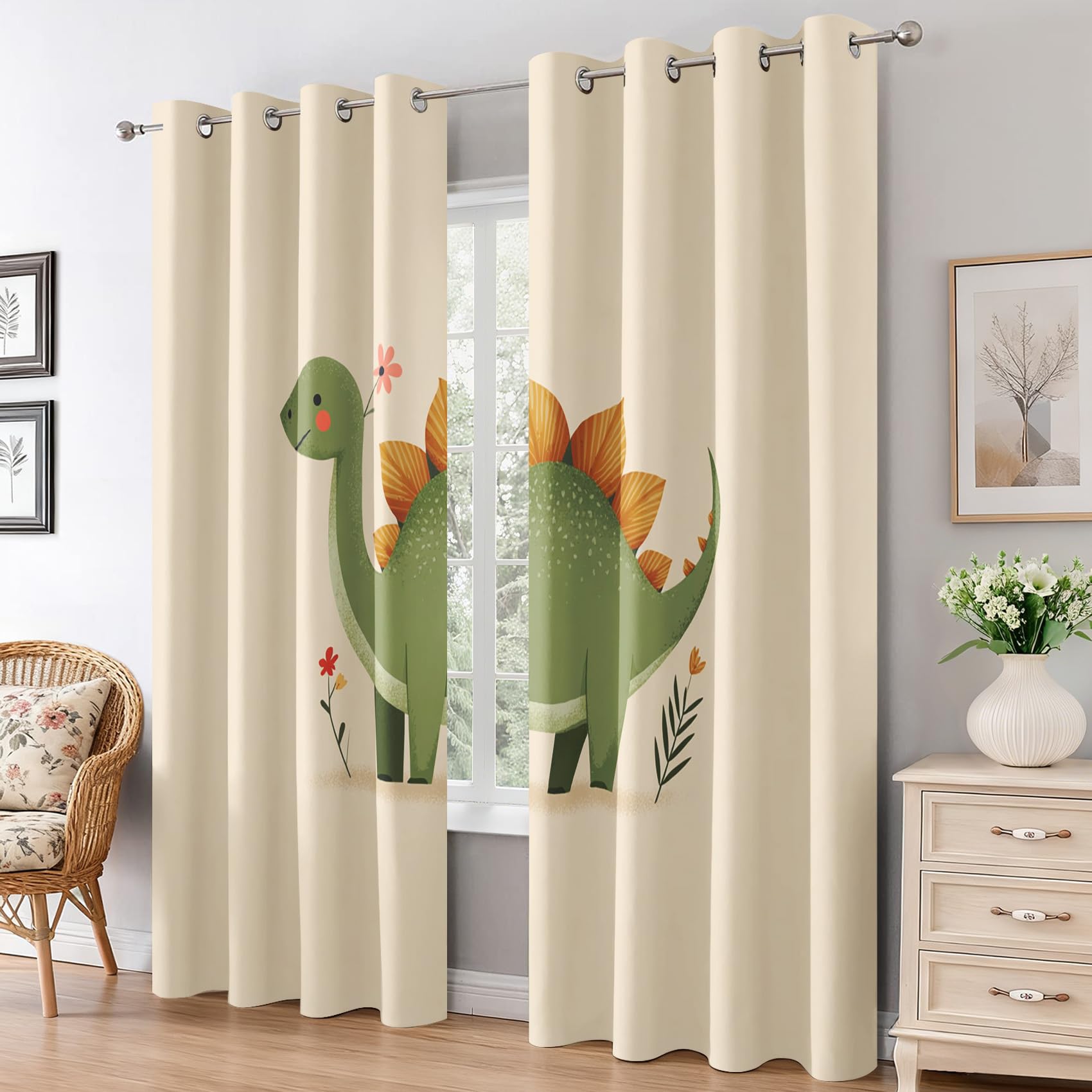 Générique Lot de 2 Rideau Occultant Dinosaure, Rideau Isolant Thermique à Oeillets pour Salon Chambre Cuisine Fenetre, Motif Dinosaure Vert Mignon Enfants, 117x183 cm (LxH)