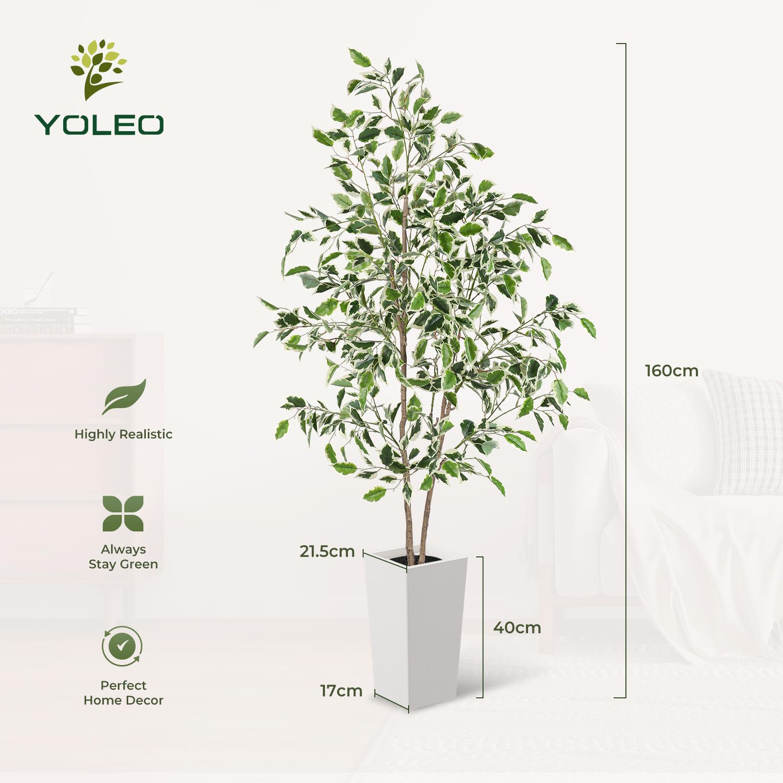 YOLEO Planta artificial Ficus Benjamini 160 cm con maceta blanca | Árbol artificial de ficus como real, higo de abedul para salón, oficina, jardín
