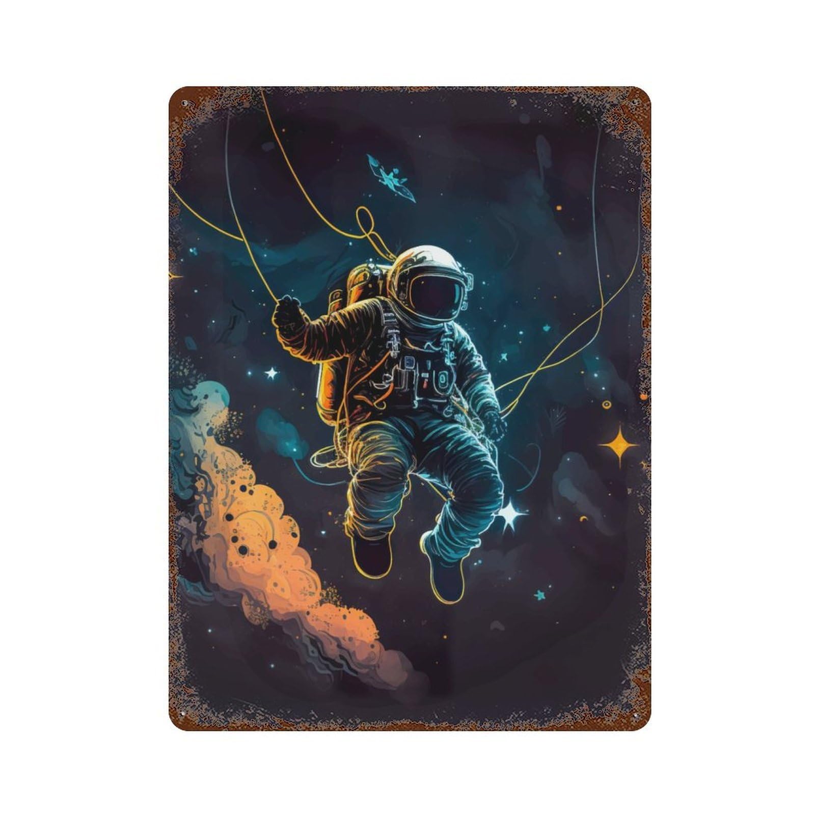 Vintage Rust Metal Sign with Astronaut Exploring Space Design 15.7"x11.8", for Shed, Workshop And Garage Wall Decor, Classic Wall Plaque
