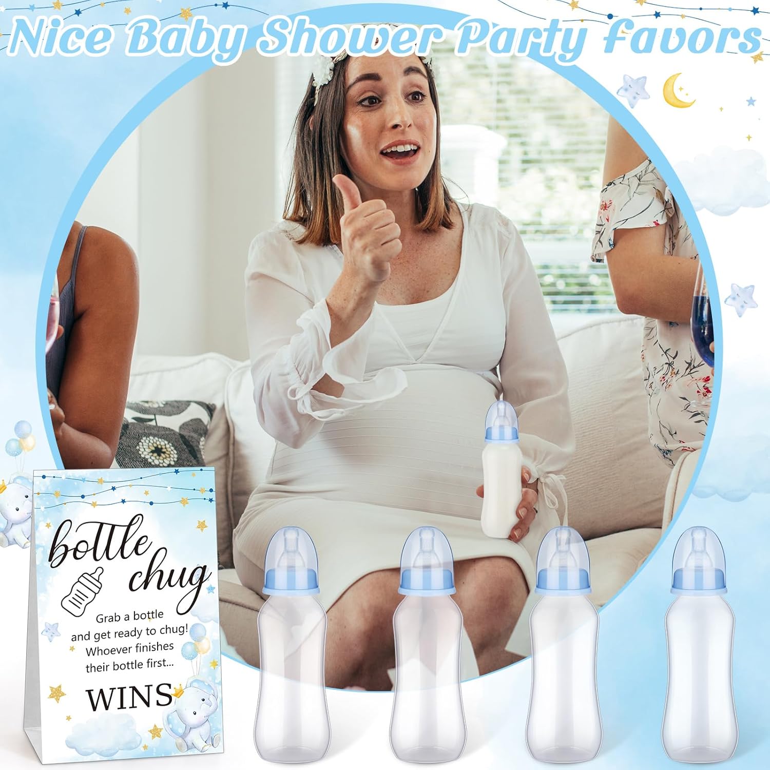 TrelaCo Cool Baby Shower Games Sets 12 Pcs Bottles with 1 Bottle Chug Sign for Gender Reveal Baby Shower Party Favors Decoration Games(Elephant,Blue)
