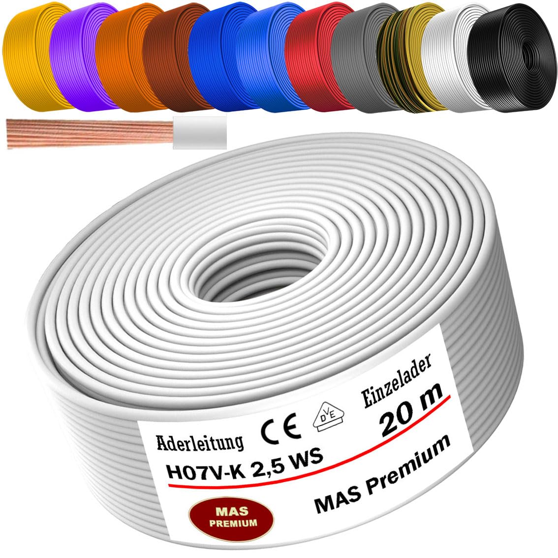Cable de 5 a 100 m H07 V-K 2,5 mm² negro, azul claro, verde/amarillo, rojo, azul oscuro, marrón, naranja, gris, blanco, violeta o amarillo, cable individual flexible (blanco, 20 m)