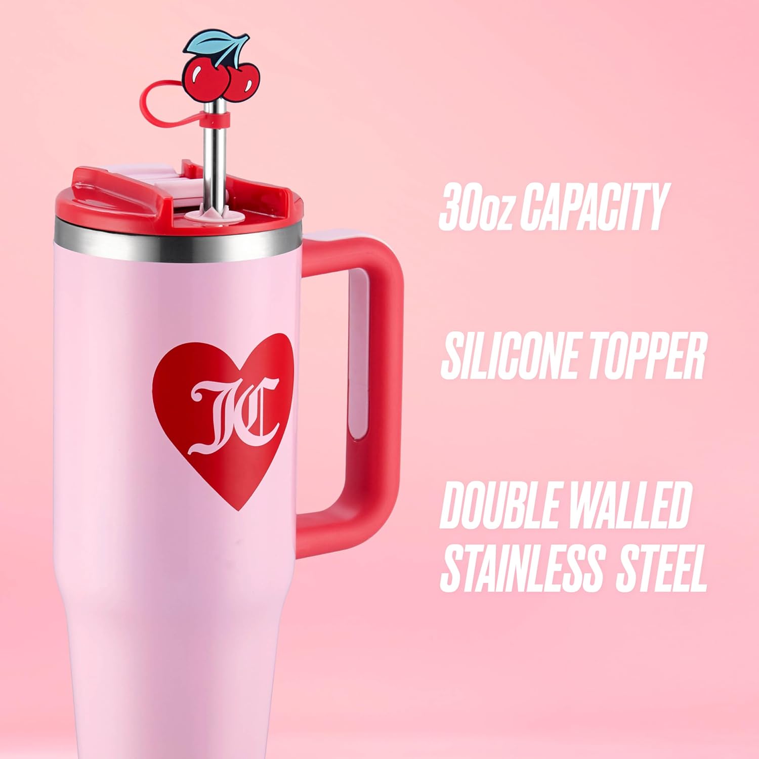 Juicy Couture Jetsetter 30oz Tumbler with Handle and Straw Topper, Light Pink - Image 2