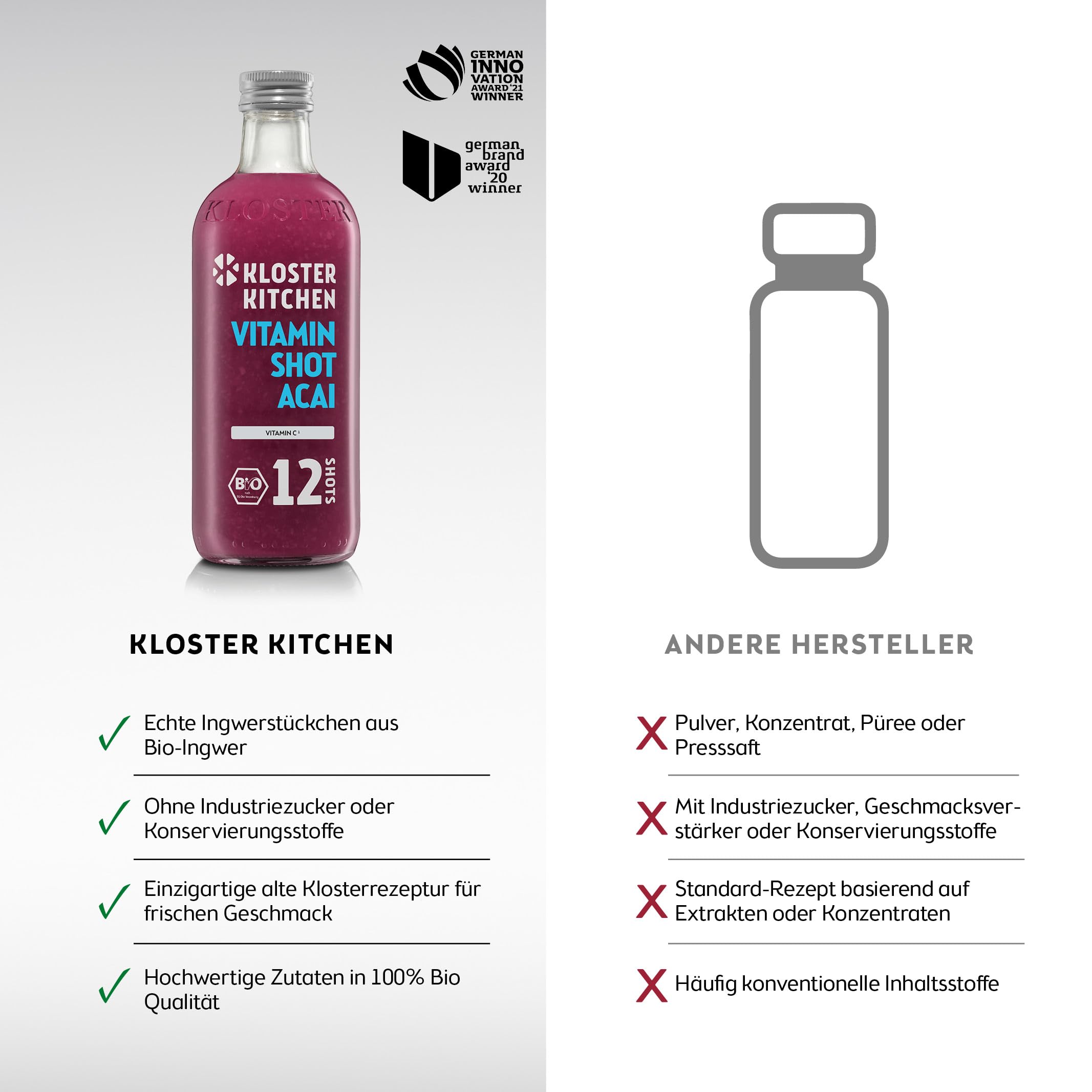 Kloster Kitchen Organic Vitamin Shot Acai Ginger 6x 360 ml botella de cristal vegana sin aditivos