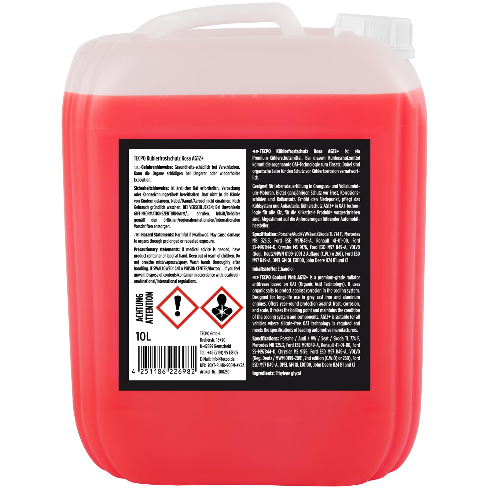 TECPO Anticongelante anticongelante rojo y rosa, refrigerante G12 + -40 °C anticongelante, G12 para coche, mezcla lista para usar, agua fría para coche (2 x 10 litros)