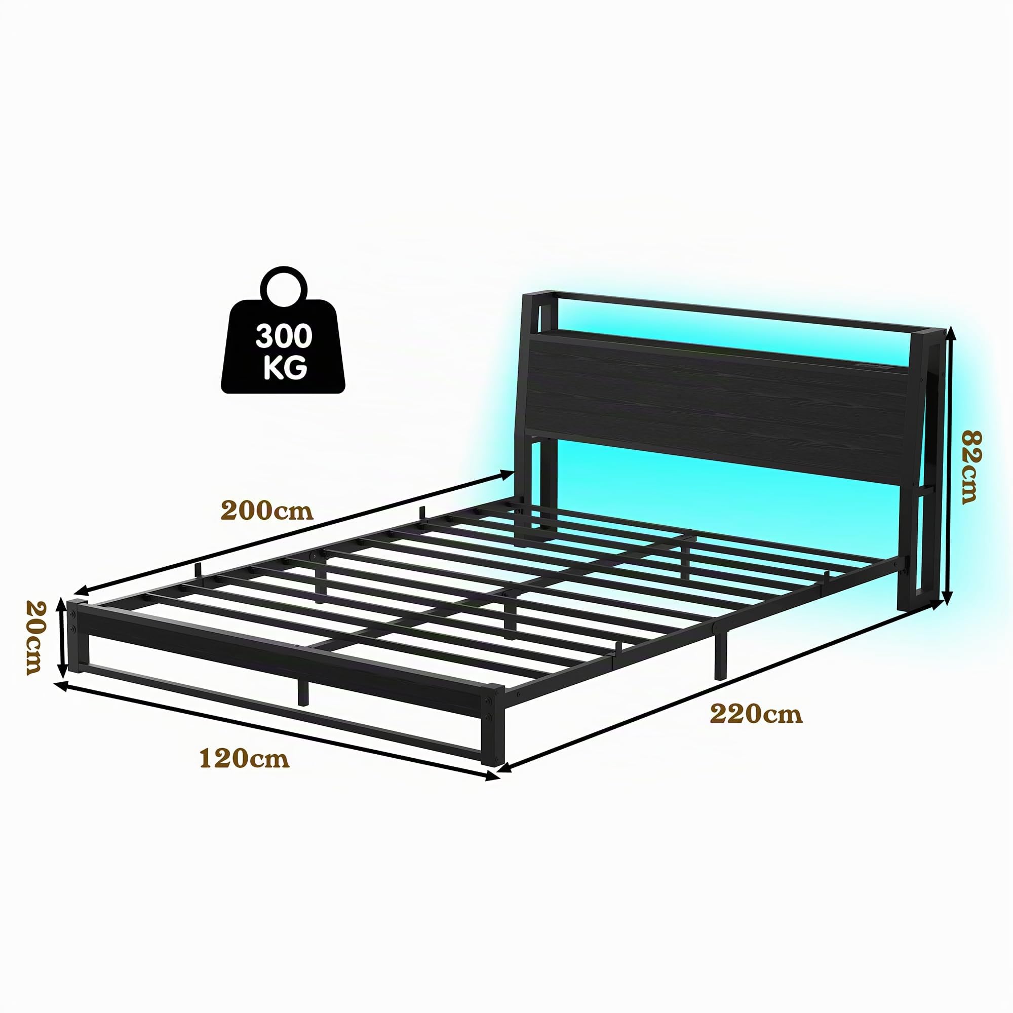 Bett 120x200 mit Ergonomischem Kopfteil mit Stauraum, Bodenbett Niedriges Metallbett, Bettgestell mit Ladestation und LED Beleuchtung, jugendbett 120x200 für Schlafzimmer Gästezimmer,Schwarz