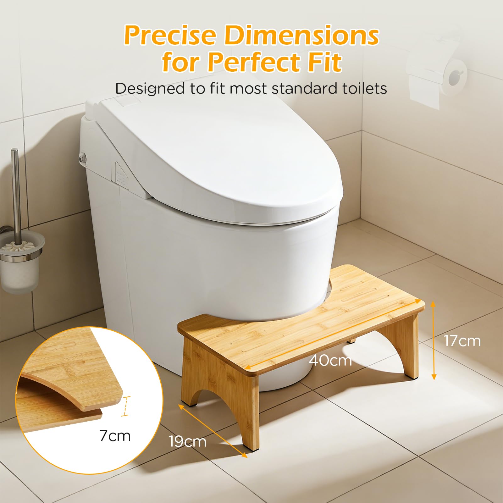 VINATO Sgabello per Bagno in Bambù Pieghevole, Sgabello WC Poggiapiedi Fisiologico 17cm Antiscivolo, Gradino Ergonomico per Adulti, Anziani, Stitichezza e Salute Intestinale
