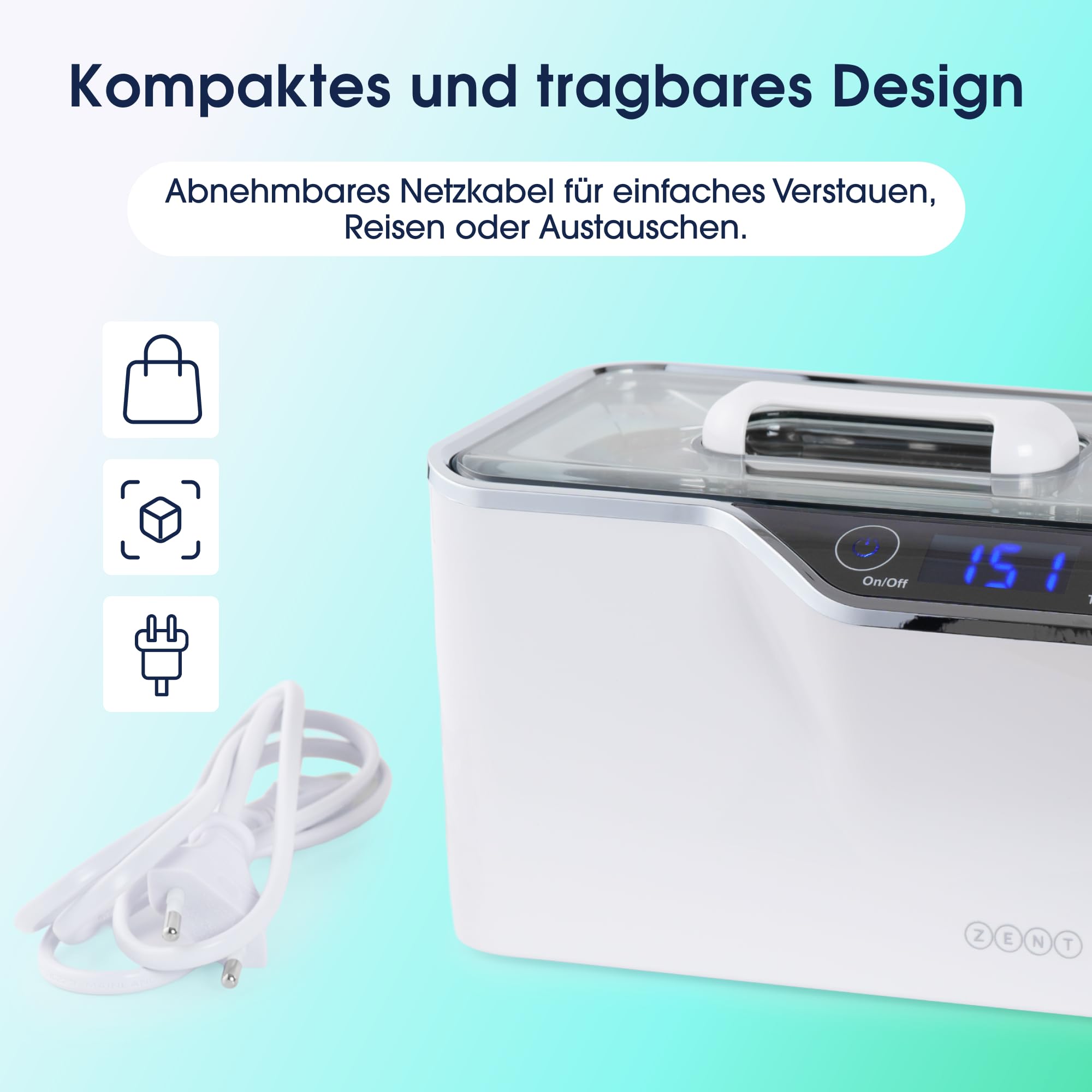 ZENT Ultraschallreinigungsgerät für Brillen, Zahnschiene, Prothesen, Schmuck | Ultraschallreiniger 600 ml, 5 Zeitprogramme, aktives Kühlsystem, LED-Touchpanel, Energiesparend