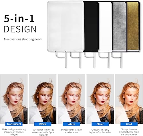 Miniatura 3 de Selens Juego de reflectores de panel de bandera de metal con cubierta dorada, plata, negro, blanco suave y difusor, reflector de luz de panel para