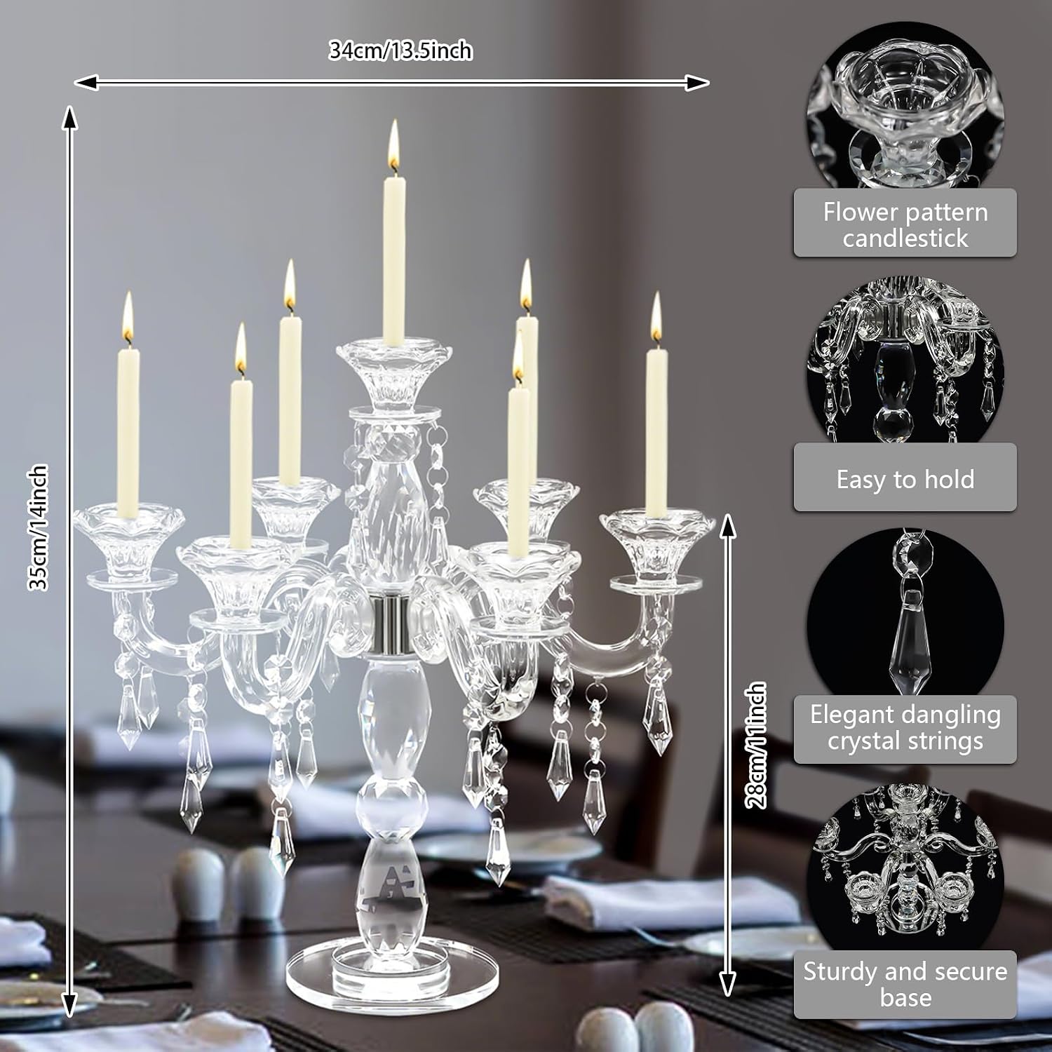Elegant Crystal Candle Holder 7 Arm Taper Candlestick Stunning Crystal Candelabra Decorative PendantIdeal for Home Decor Parties and Gatherings Durable Acrylic