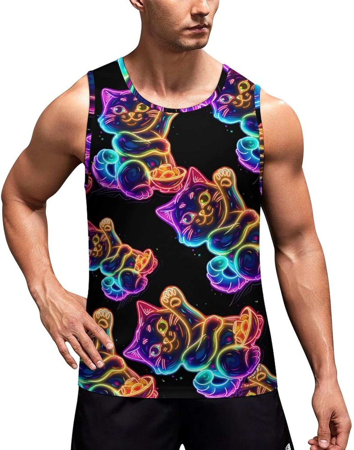 Good Luck Cat Men's Tank Top Sleeveless Muscle Shirts Vest Beach T Shirts for Workout Gym