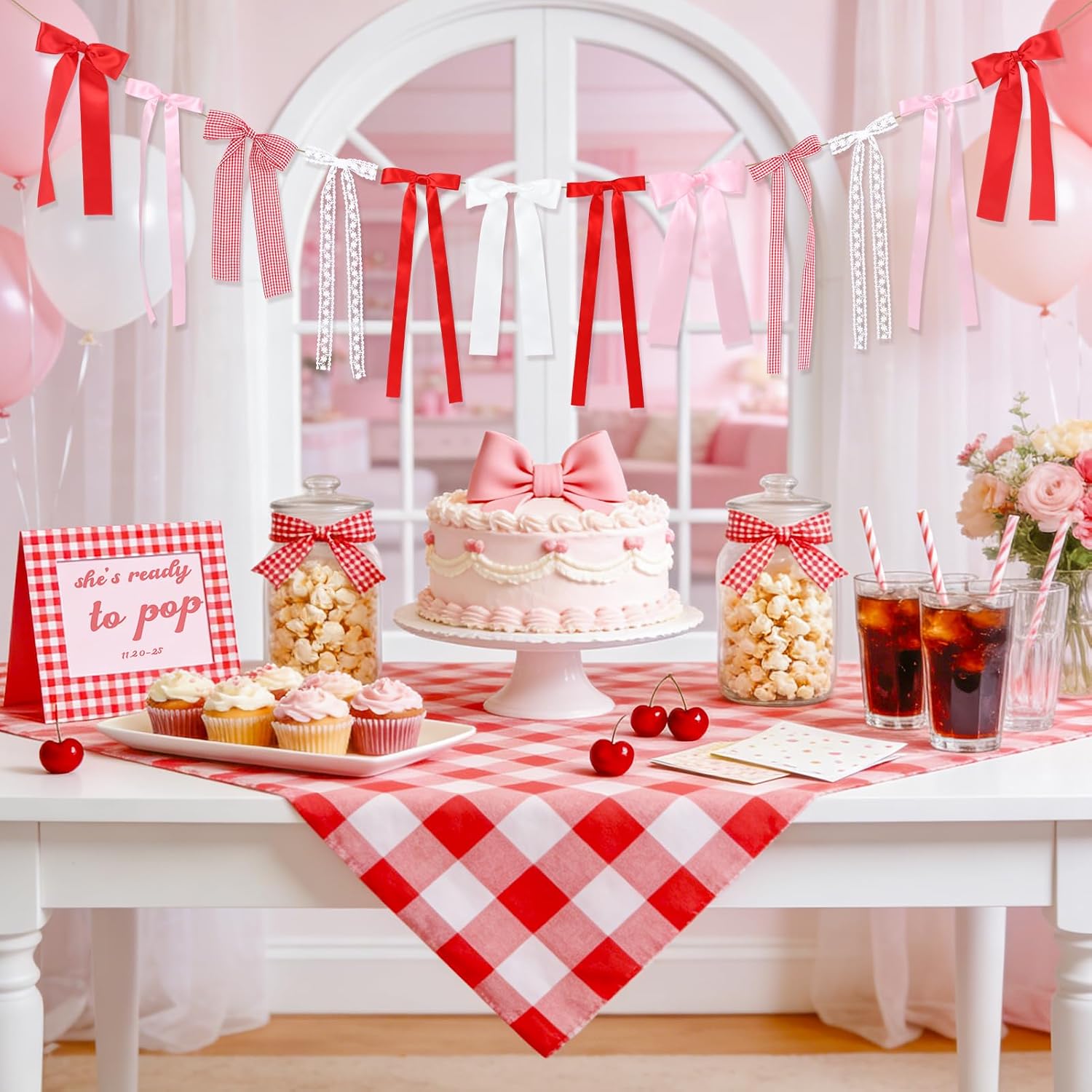 Red and White Gingham Bow Garland, White Lace Pink Red Gingham Bow Garland Plaid Ribbon Bows Banner Decor for She's Ready to Pop Baby Shower, Cherry Birthday Bachelorette Wedding Party Decor