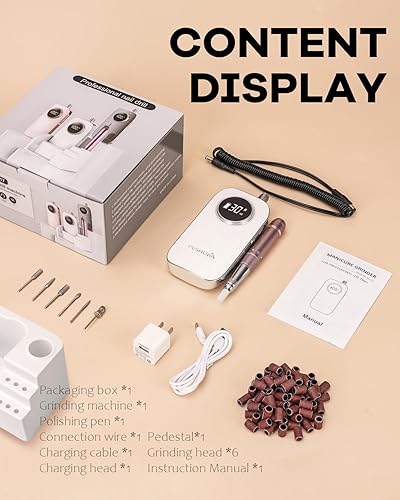 Miniatura 8 de Taladro de uñas de 45000 rpm, pantalla LCD inalámbrica Efile sin escobillas y tecnología de reducción de calor para uñas de gel acrílicas (blanco)