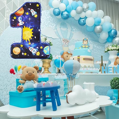 Miniatura 10 de Lewtemi Piñata número 1 de 16.5 pulgadas para niños, suministros de decoración de fiesta de primer cumpleaños con palo de madera, confeti para los