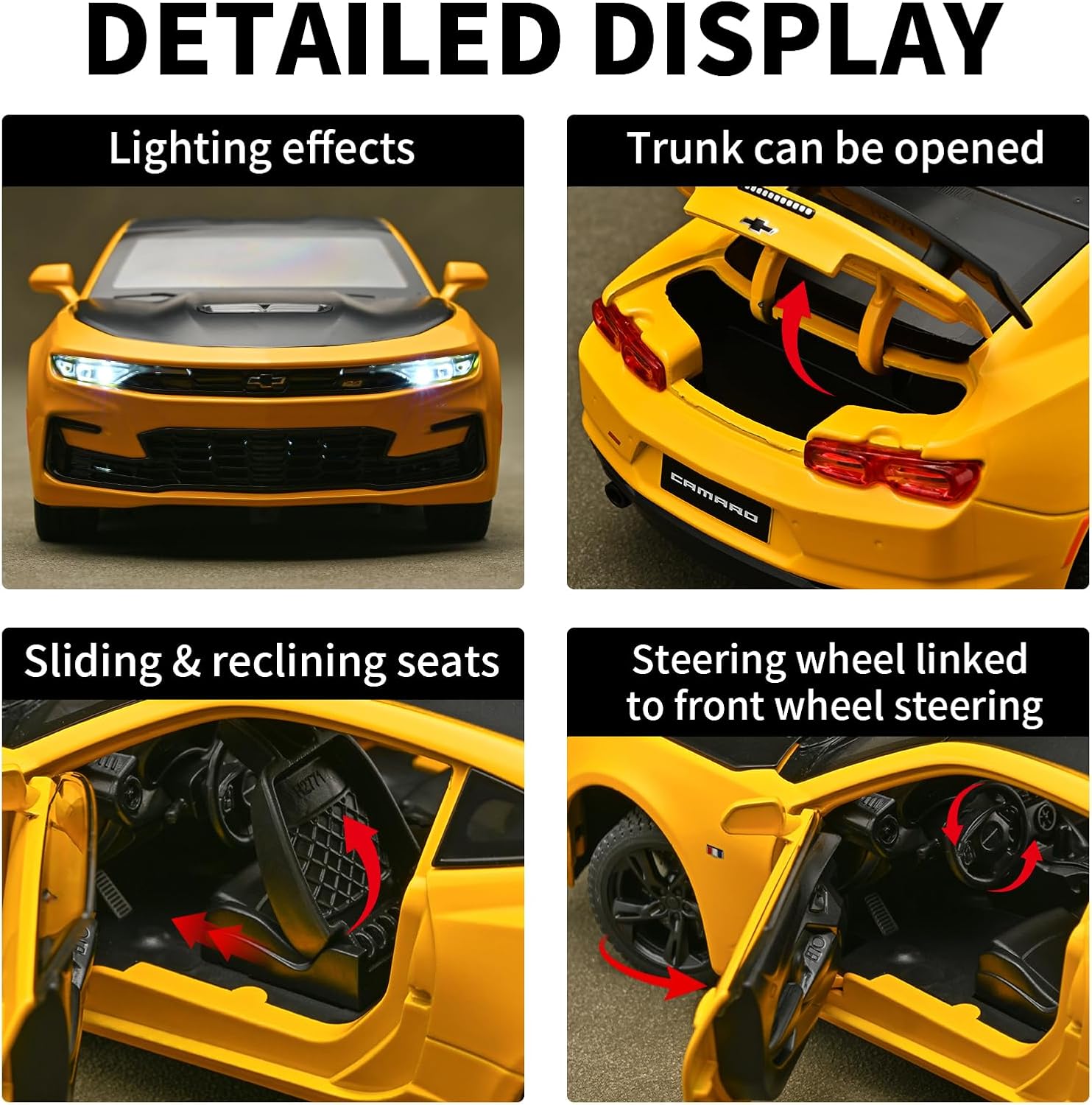 RZAPE 1:24 Scale Chevrolet Camaro Diecast Car Model - Metal Body with Sound & Light Effects- Collectible and Display,Gift for Adults & Car Enthusiasts（Yellow）