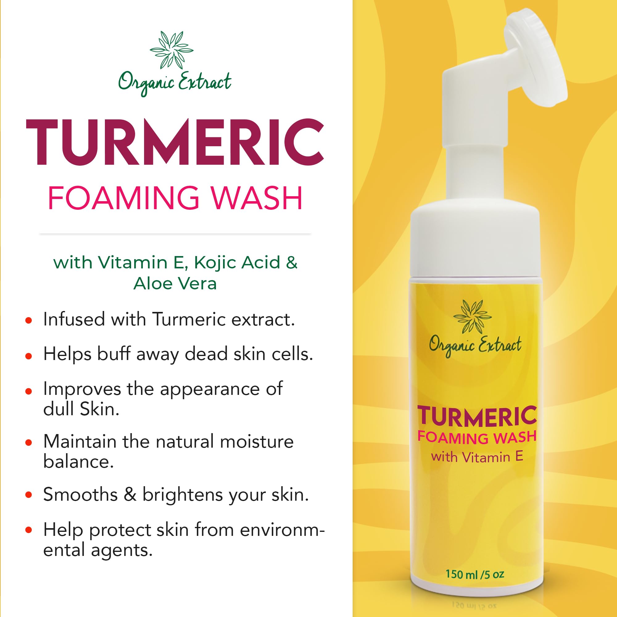 ORGANIC EXTRACT Turmeric Skin Brightening Face Wash, 5 fl oz / 150ml, Daily Moisturizer - Image 2