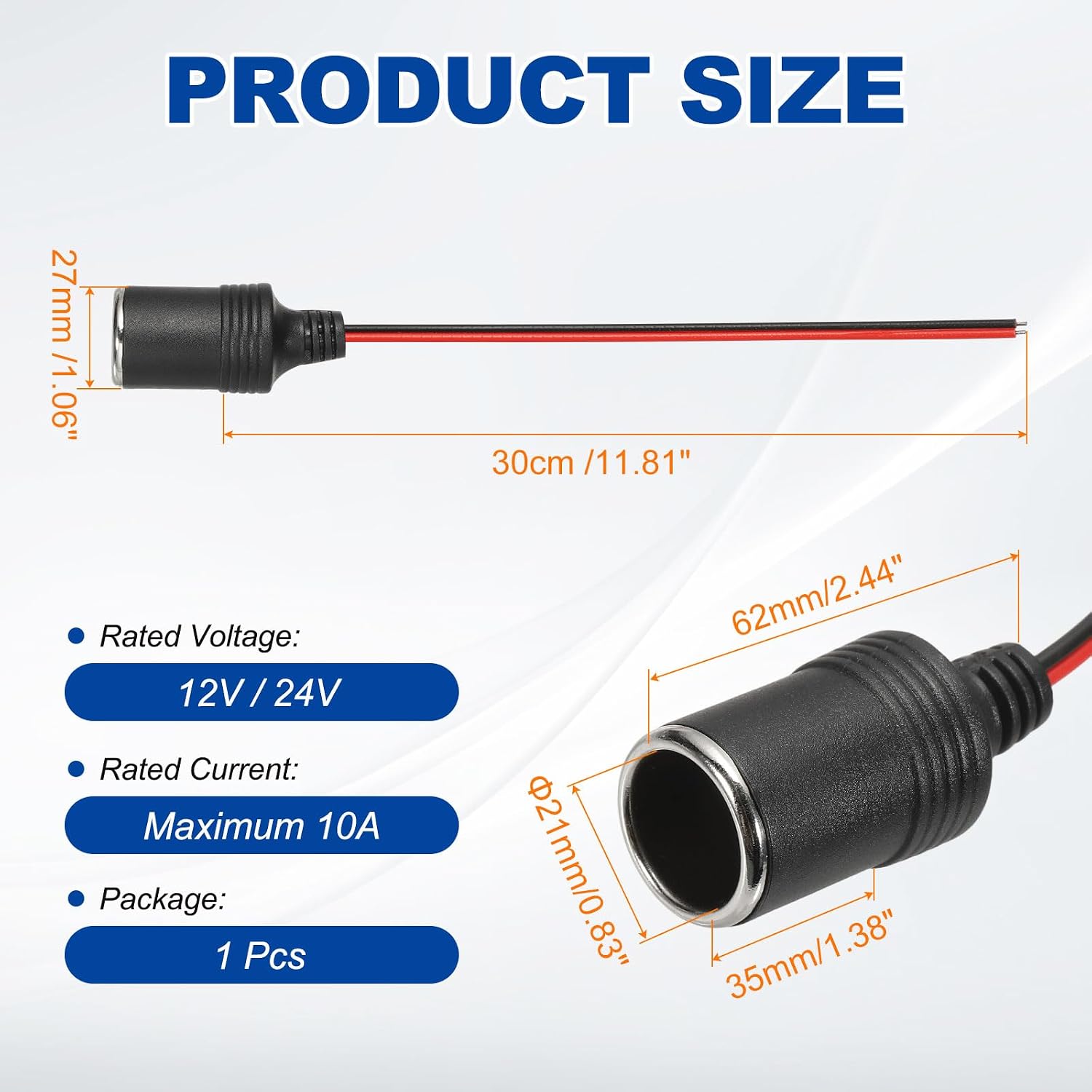 MECCANIXITY 18AWG Female Car Cigarette Lighter Socket with Bare Wire Open End Cable, 30cm/1FT 12V/24V 10A Car Charger Power Female Socket Adapter for Powering In-Vehicle Equipment