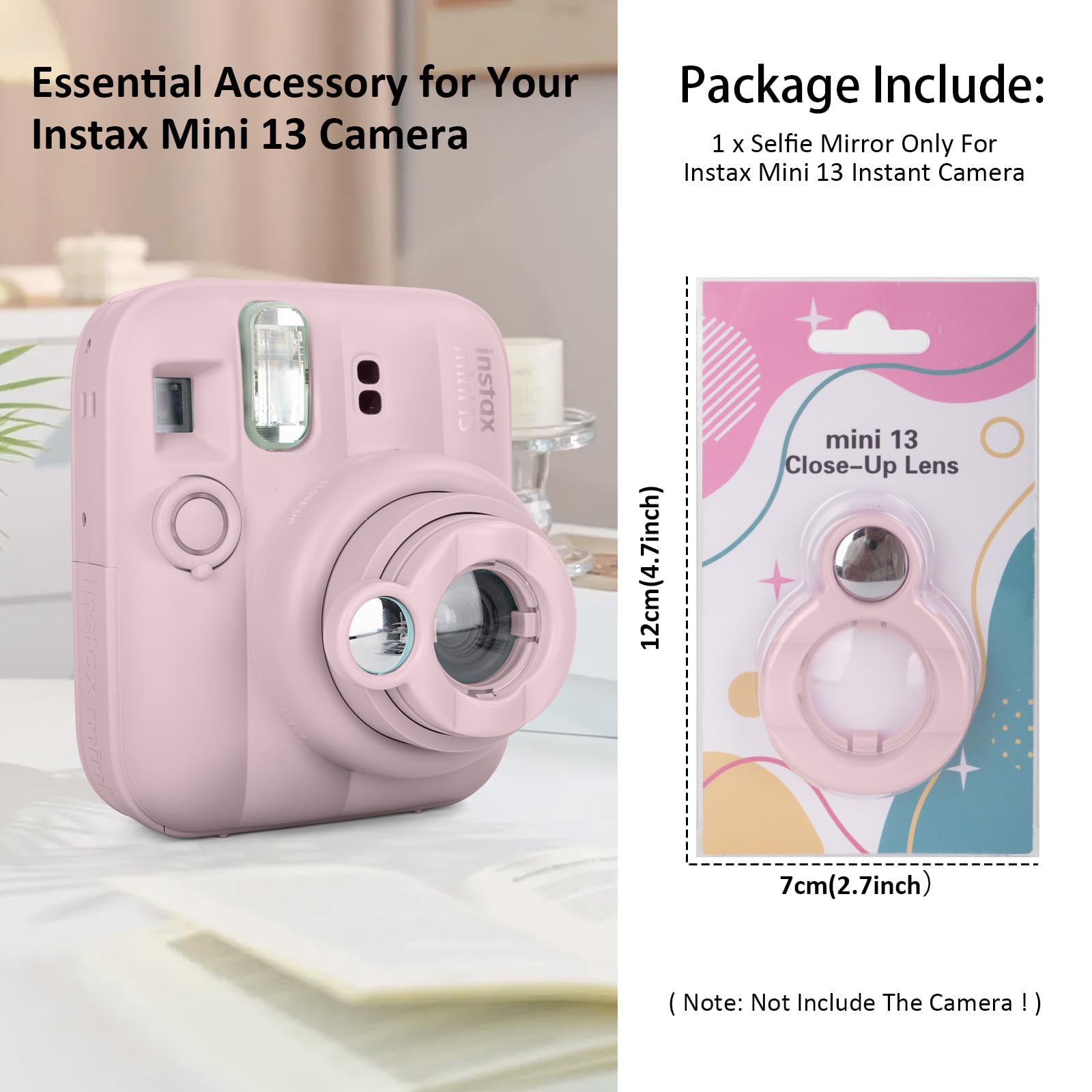 Miroir à Selfie Instax Mini 13, Objectif Macro Compatible avec l'appareil Photo instantané Fuji Instax Mini 13-1 pièce (Rose)