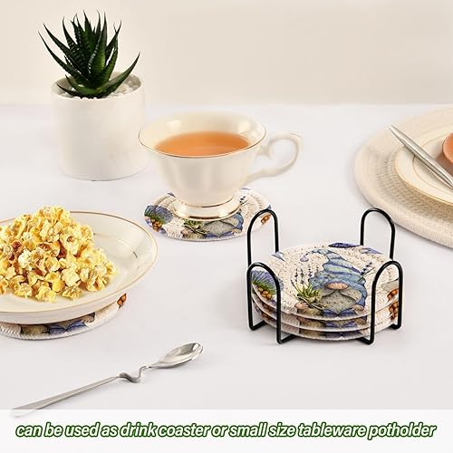 Vista 13 de Juego de 6 posavasos para bebidas con soporte, diseño retro de estrella de mar y estrella de mar, juego de 6 posavasos decorativos absorbentes