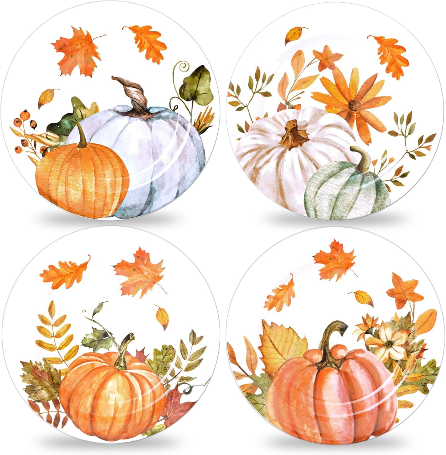 AnyDesign 4pc Fall Thanksgiving Dinner Plates Set, Watercolor Autumn Pumpkin Leaves Plastic Plates, Reusable, 10 x 10 Inch