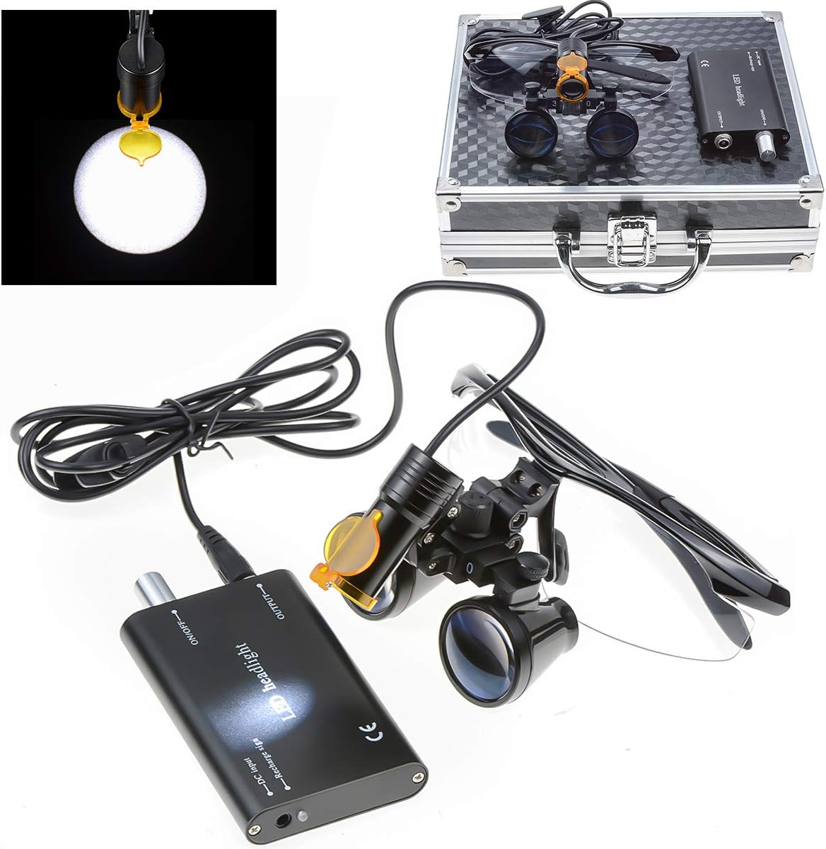 Brand Black 5W Waist-Hang LED Headlamp Light with Filter + 2.5X420mm Working Distance Surgicial Loupes Goggles + Aluminum Box