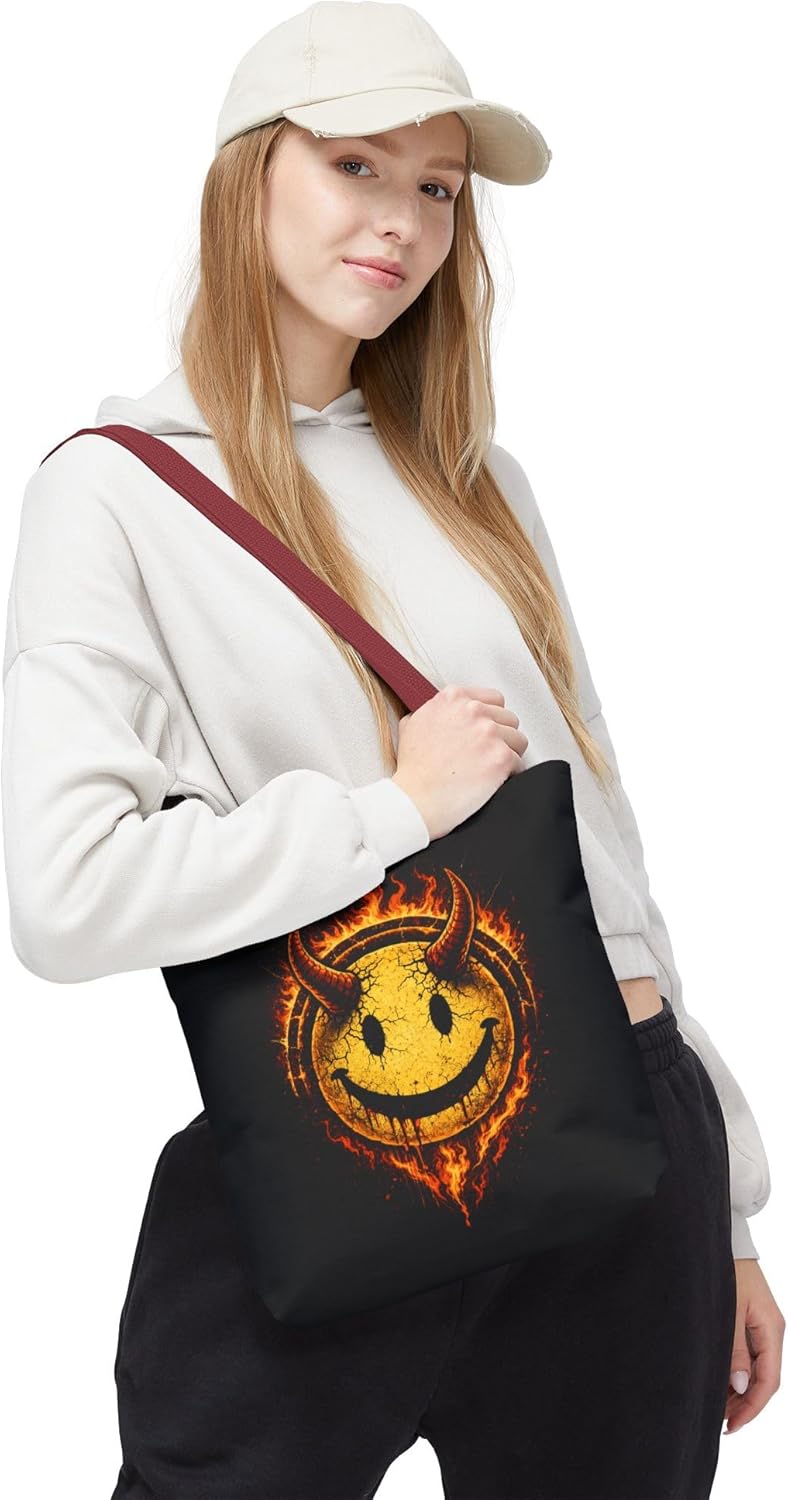 Flaming Devil Smiley Tote Bag | Fiery Horned Grunge Smiley | Black | 100% Polyester - Image 2