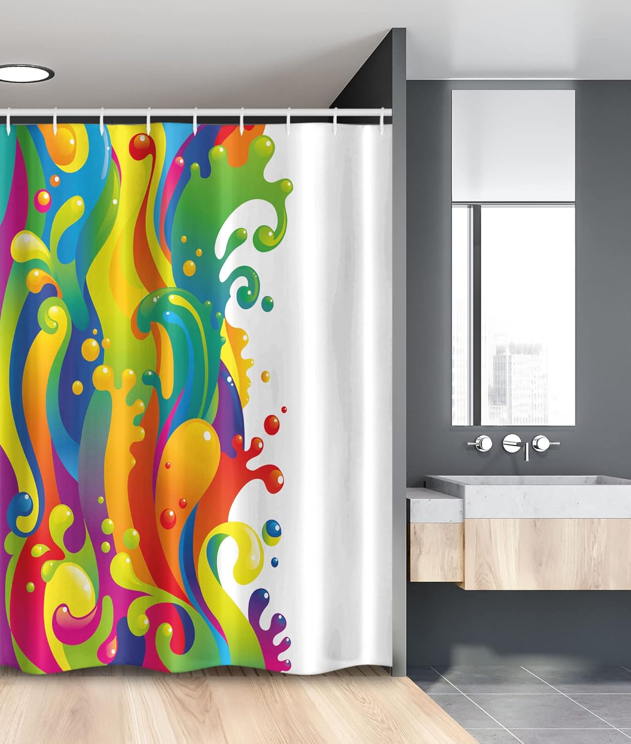 Ambesonne Psychedelic Stall Shower Curtain, Digital Made Fluid Rainbow Color Paint Splash Contemporary Psychedelic Design, Fabric Bathroom Decor Set with Hooks, 54" W x 78" L, White Multicolor