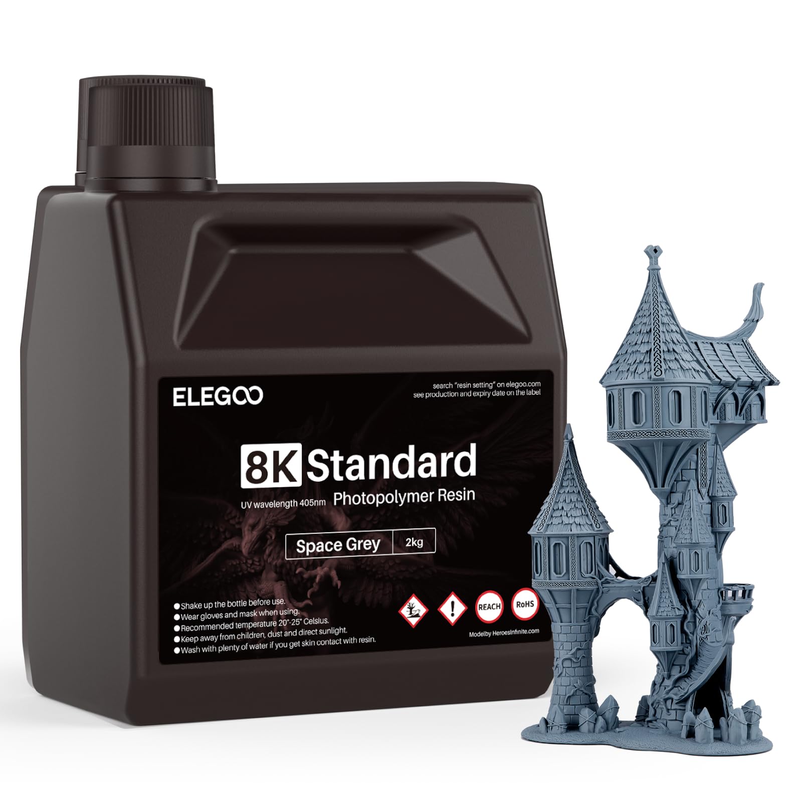 ELEGOO Upgraded 8K Standard Photopolymer 3D Printer Resin, 405nm UV-Curing Resina for 8K/12K/14K/16K Saturn LCD MSLA DLP Impresora Space Grey 2000g