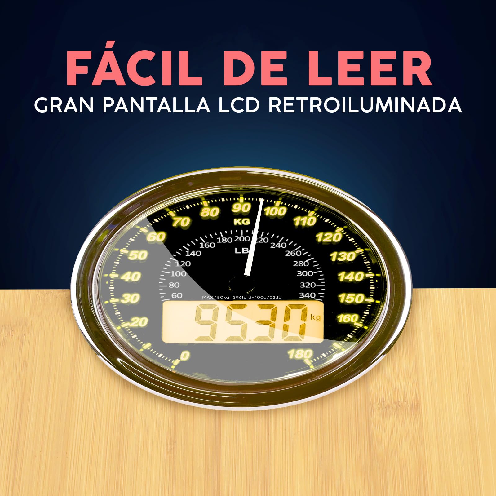 Hybrid Báscula de Baño - Analógica & Digital, Precisa hasta 180 kg | Vea su peso en el cuadrante analógico y LCD a la vez. Plataforma ancha, 3 pilas AAA incluidas, lista para usar.