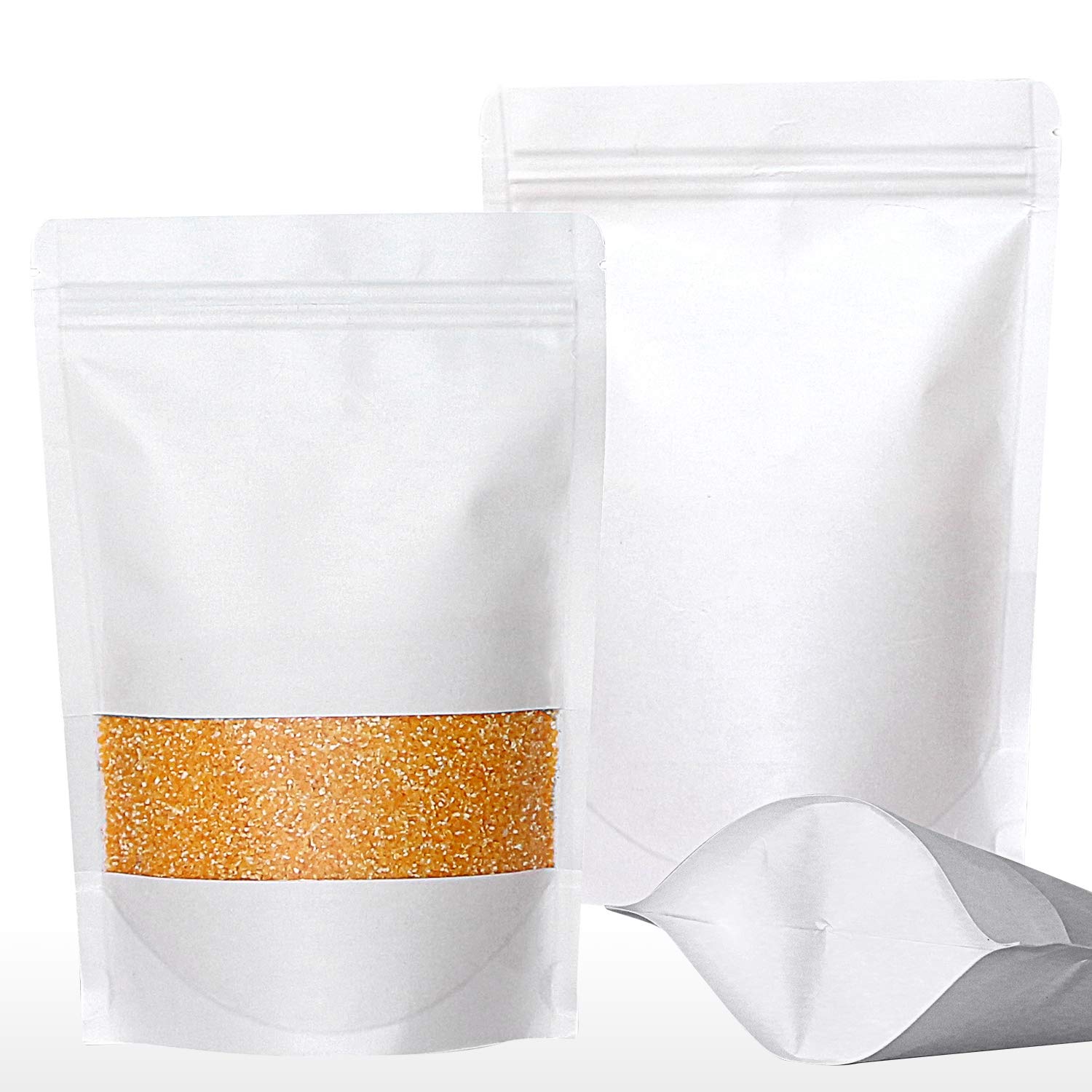 SumDirect 100Pcs White Kraft Stand Up Bags,Self-Sealing Zipper Food Pouches with U-Notch and Matte Window (100, 7x10inches)