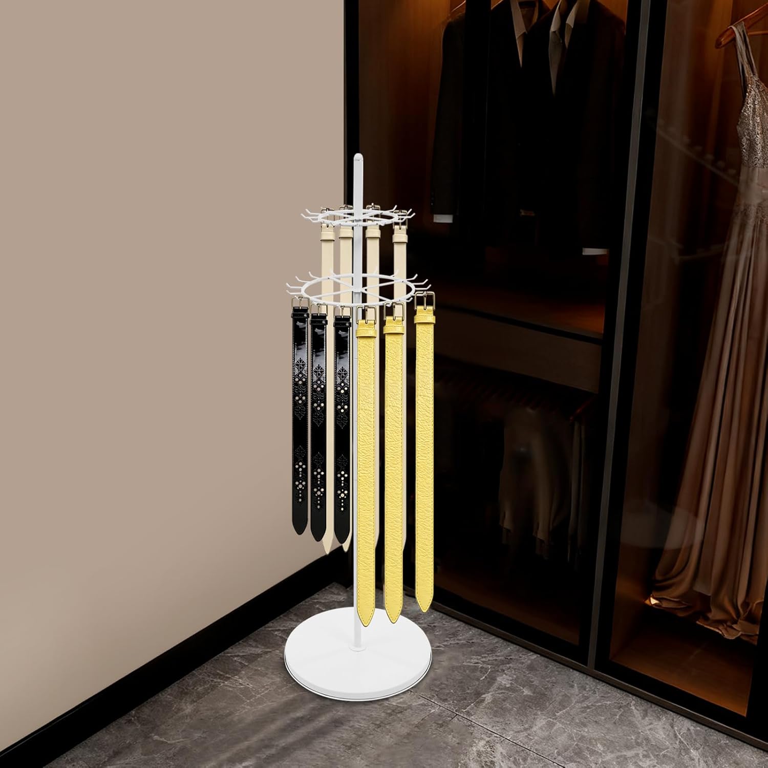 Floor Standing Belt Display Rack, 66.2" Metal Tie Rack & Scarf Stand - 360° Rotating Belt Hanger Organizer with Adjustable Feet, Heavy Duty Retail Display for Clothing Stores, Boutiques (White)