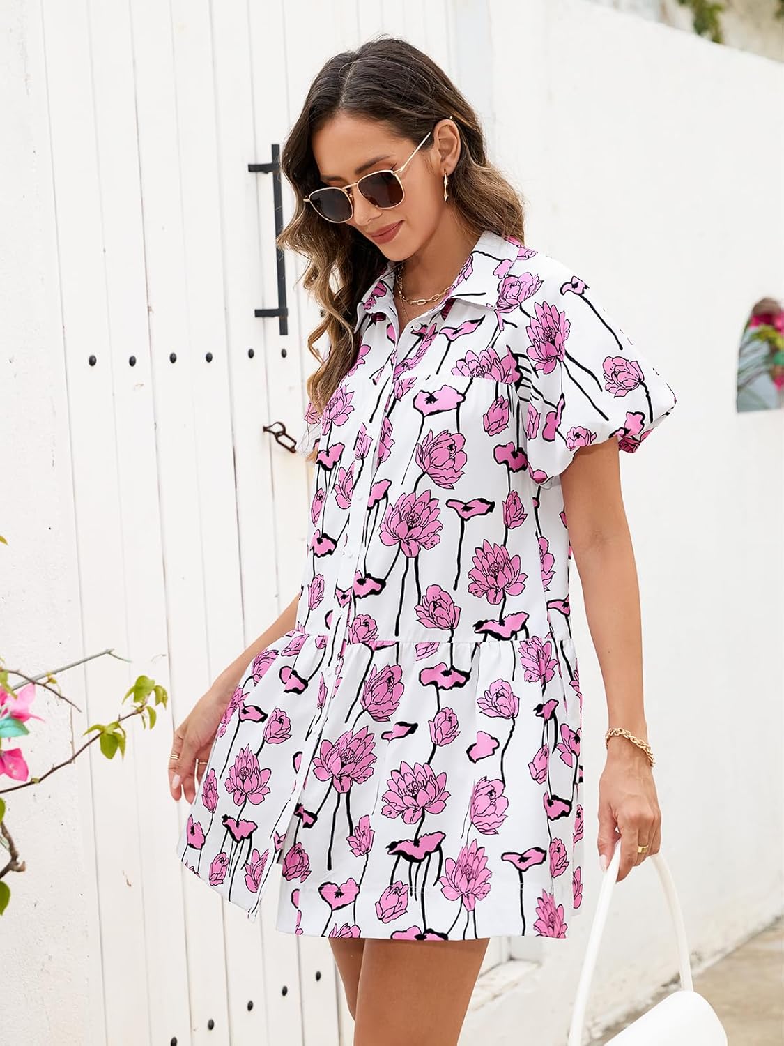 Women's Summer Short Puff Sleeve Floral Dress Button Down Loose Fit Casual Shirt Dresses - Image 5