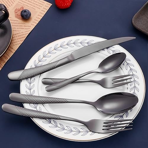 Miniatura 4 de Juego de cubiertos martillados negros para 6 cubiertos de acero inoxidable a prueba de óxido, 18 piezas, tenedores y cucharas, utensilios de cocina