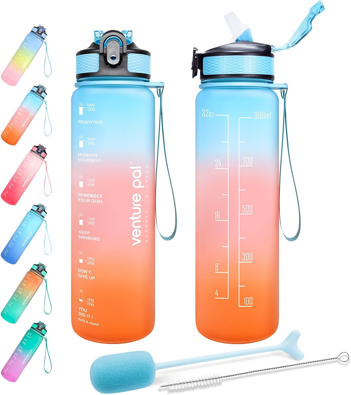 Venture Pal 22oz/32oz Motivational Water Bottle with Time Marker, Carry Strap and Silicone Straw - BPA Free, Leak Proof, Wide Mouth - Perfect for Fitness and Outdoor Sports