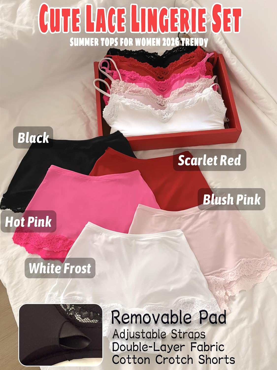 Starrylion Women 2 Piece Lace Lingerie Set Pullover Removable Padded Bralette Sexy Boyshort Panties PJ Set