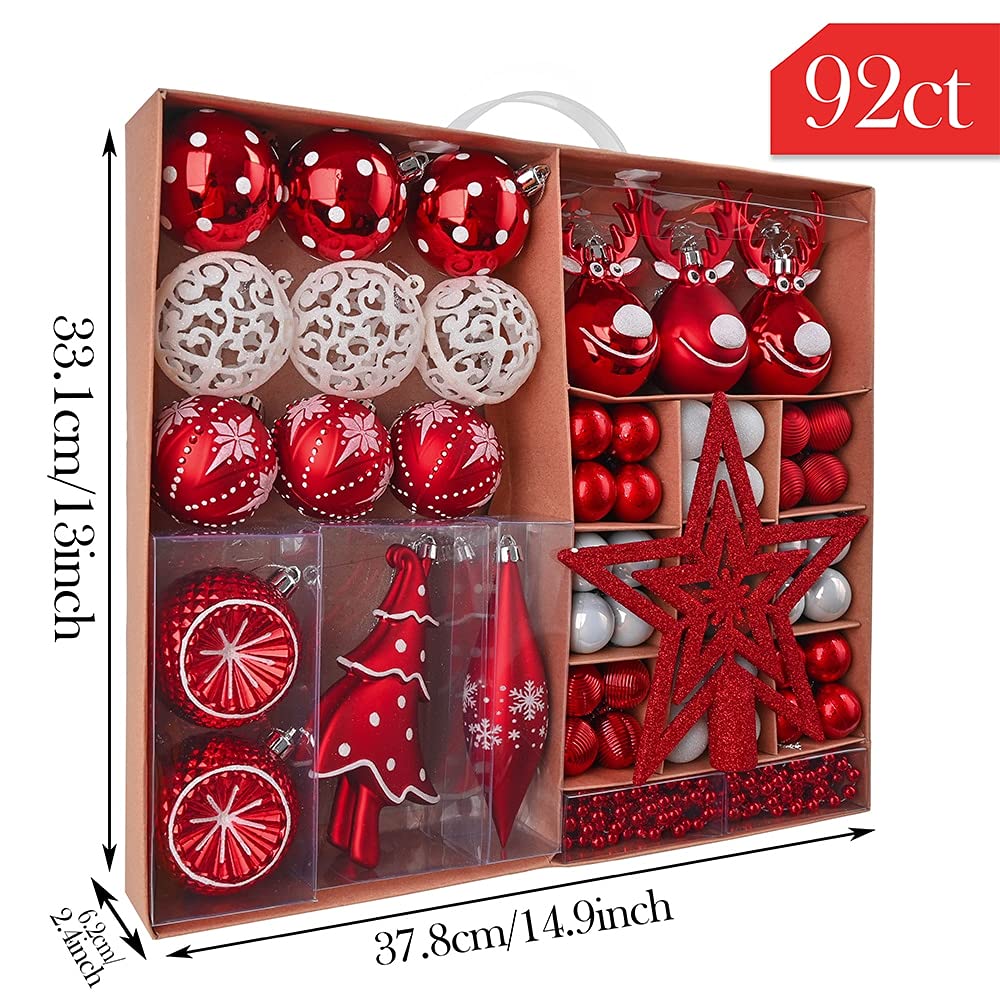 YUHINN Adornos Navidad 92Pack Bolas de Navidad Adornos Árbol de Navidad Rojo Blanco Glitter Estrella Estrella Topper Colgantes Colgantes Set for Decoración del Hogar Decoración Navideña