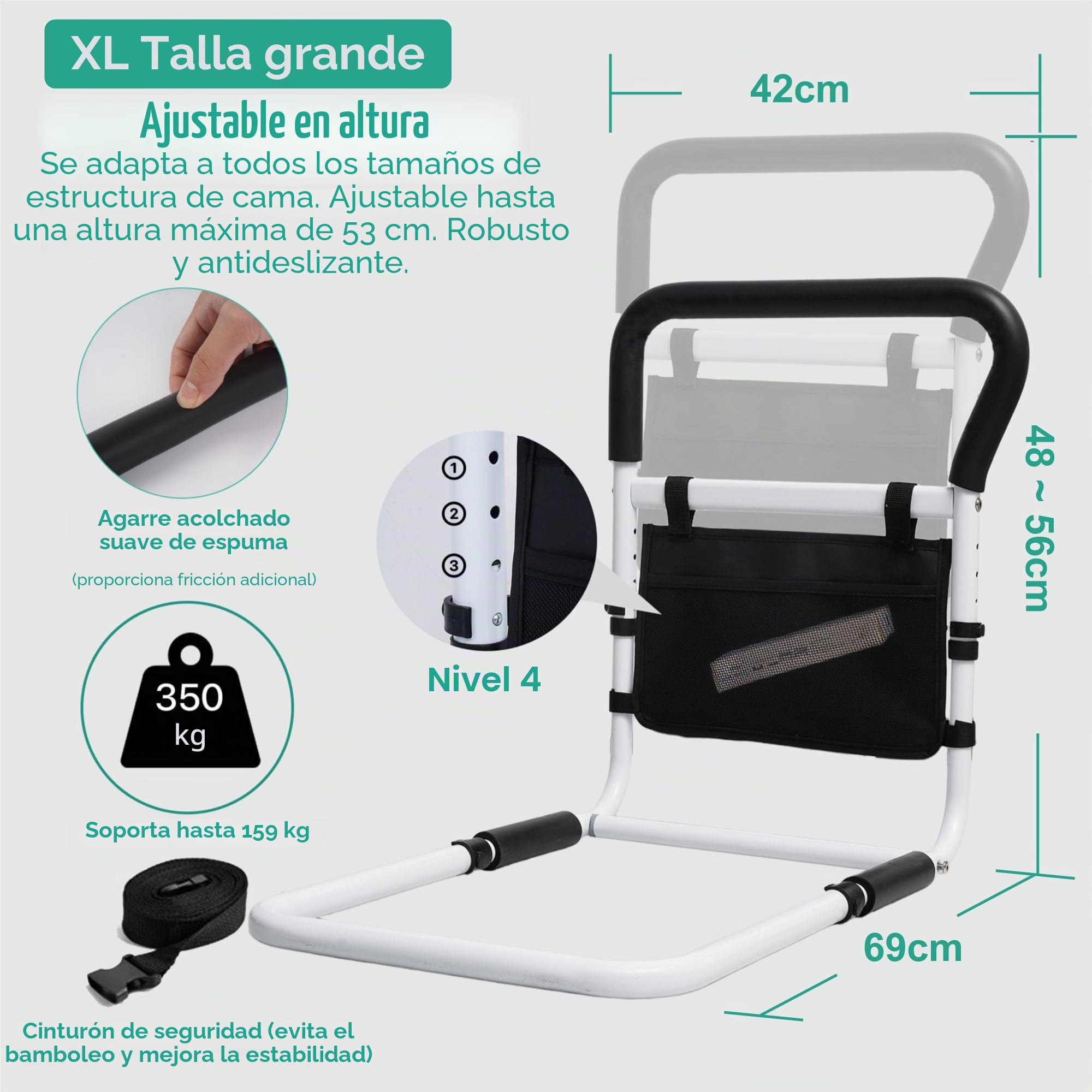 Cama de gran tamaño para personas mayores, con asa, ayuda para levantarse, barandilla de cama para personas mayores, altura ajustable, incluye accesorios para la prevención de caídas por la noche y