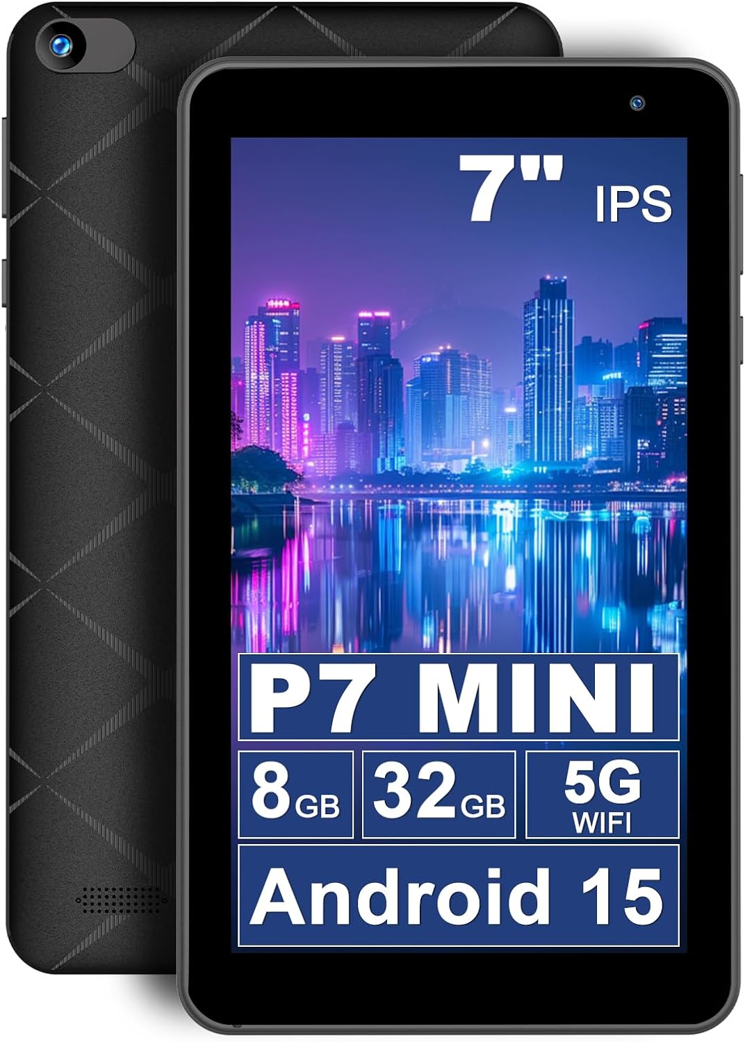 7インチ（18cm）タブレット、5コアAndroid 15タブレット、8GB RAM、32GBストレージ1TB拡張、5G WiFi、1024x600 IPS HDディスプレイ、3500mAh、デュアルカメラ、Type CタブレットPC（ブラック）