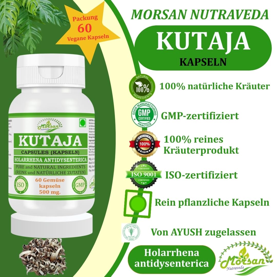 Kutaja (Holarrhena Antidysenterica) Extrakt mit 10:1 Stärke, 500 mg x 60 vegane Kapseln | Ayurvedisches Kräuterergänzungsmittel für Männer und Frauen (1 Flasche mit 60 Kapseln)