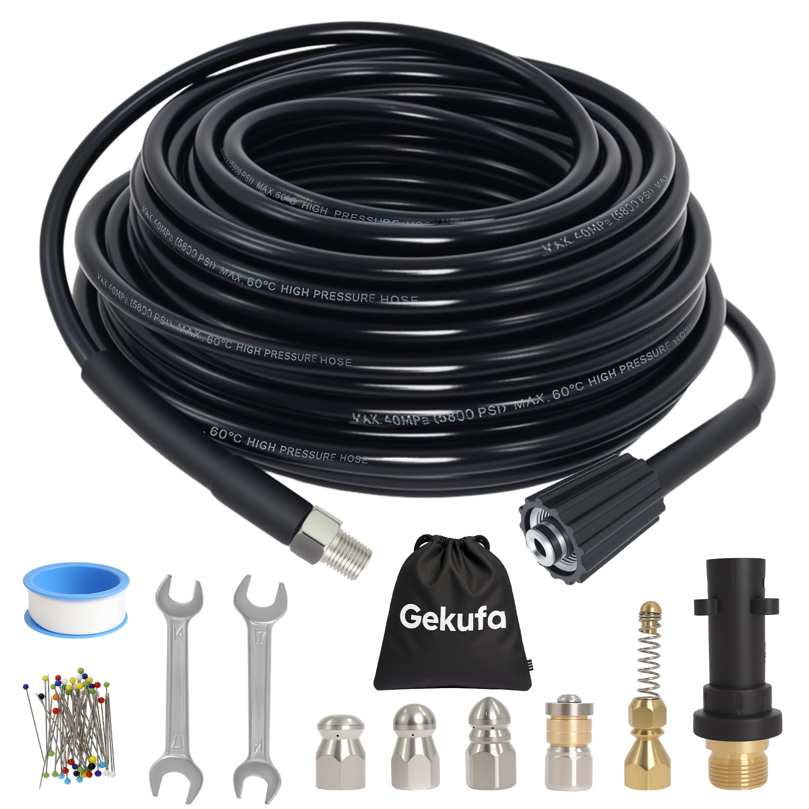Gekufa Rohrreinigungsschlauch Set 30m–400 bar/60℃ Hochdruckschlauch mit 5 Düsen und Adapter, kompatibel mit Hochdruckreinigern der K-Serie (z. B. K2 – K7)–Effektive Reinigung von Rohren und Abflüssen