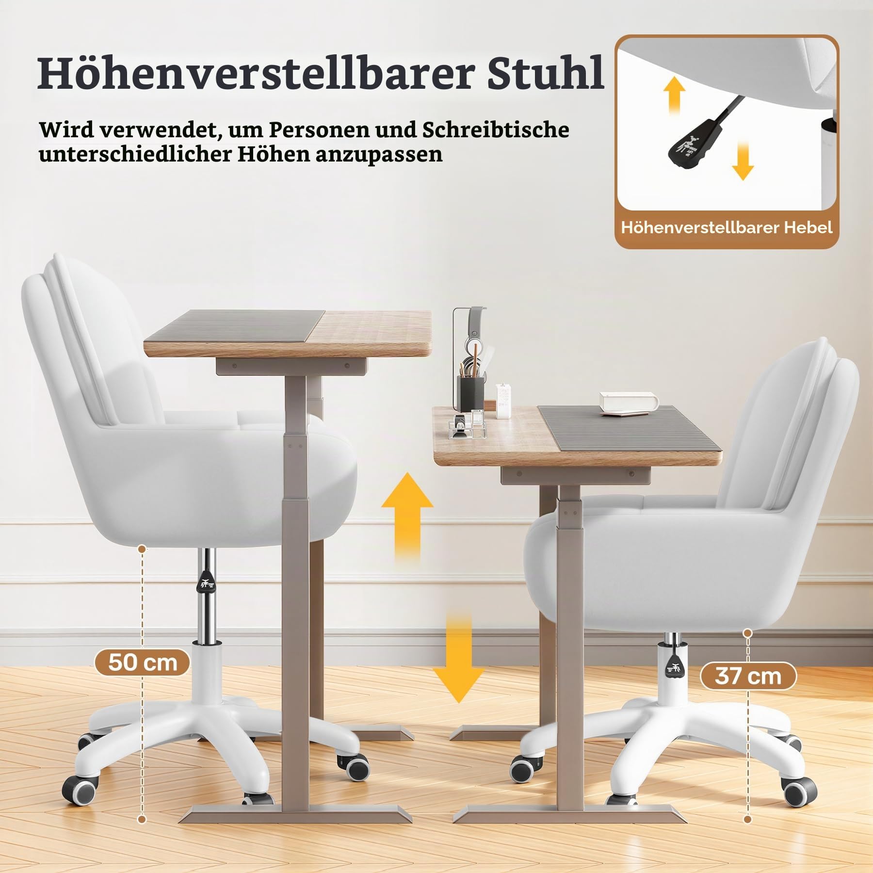 Homeoffice & Schminkstuhl 2-in-1 Ergonomischer Samt Drehstuhl 360°, Höhenverstellbar für Arbeitszimmer Schlafzimmer Weiß | Höhenverstellbar,360°Drehfunktion, bis 150kg,Samtbezug,Homeoffice Stuhl,Schminktischstuhl, Schlafzimmer,Arbeitszimmer