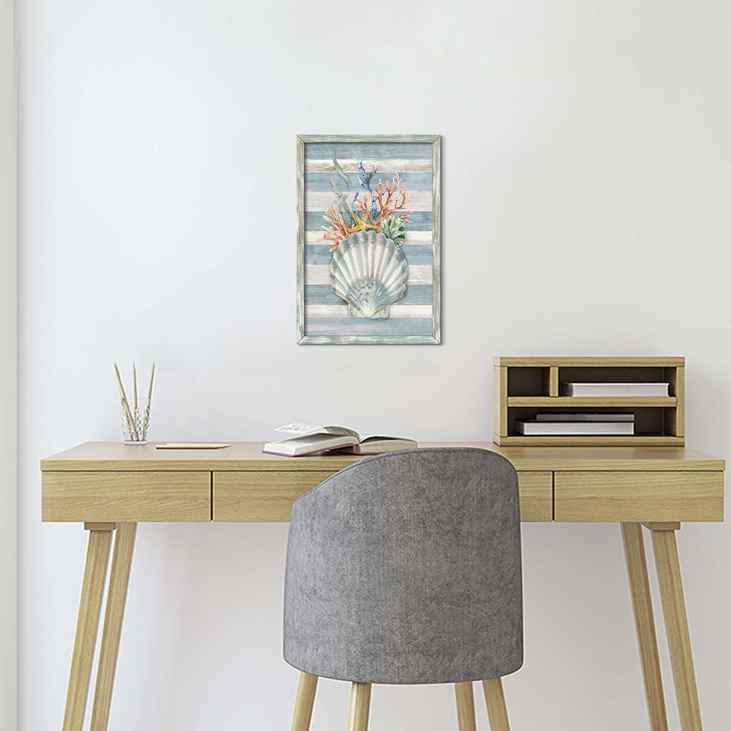 Seashell Wall Art Wooden Framed: Vintage Coastal Beach Painting with Ocean Coral Starfish Seaweed Teal Rustic Nautical Marine Life Prints for Bathroom Bedroom Living Room Decor