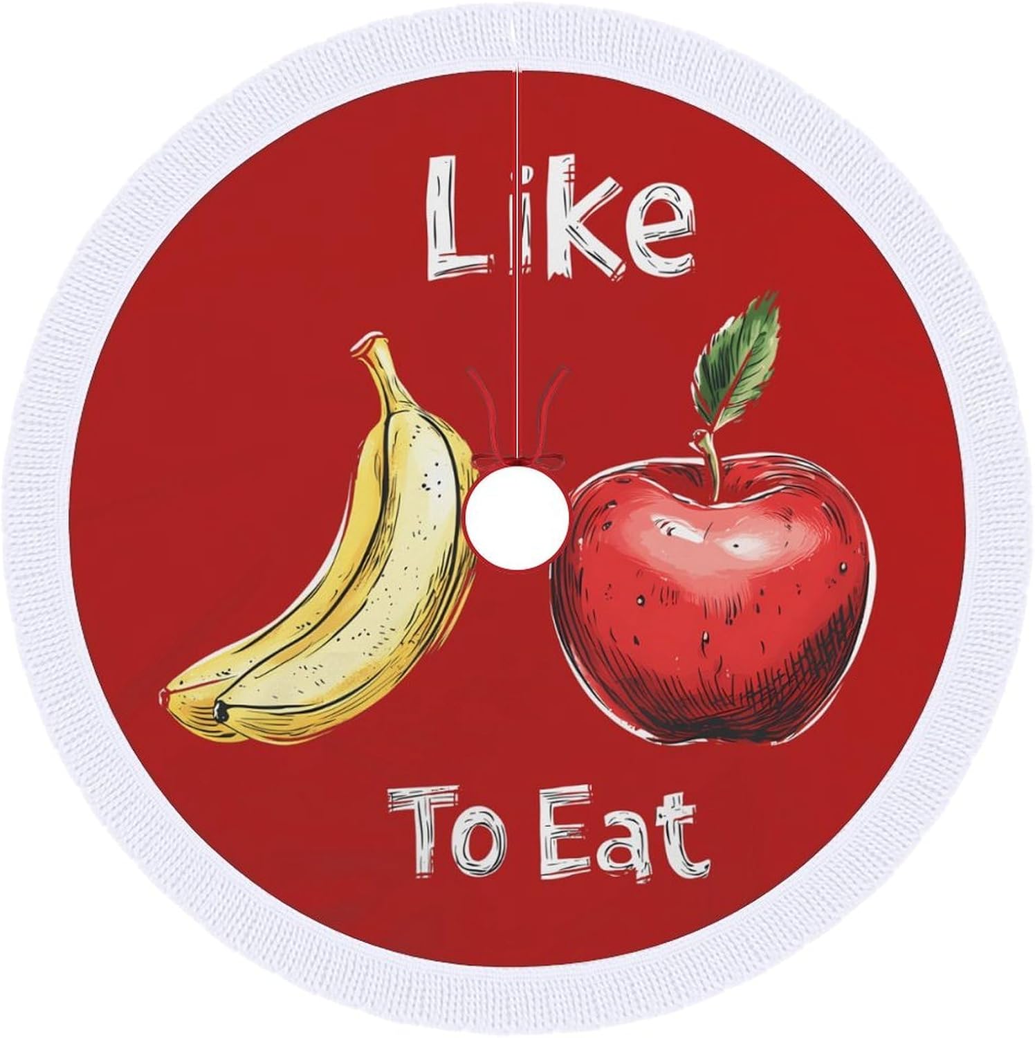 I Like to Eat Apples and Bananas Christmas Tree Skirt Round Xmas Tree Mat Ornaments Tree Skirts with Tassels for Holiday Party