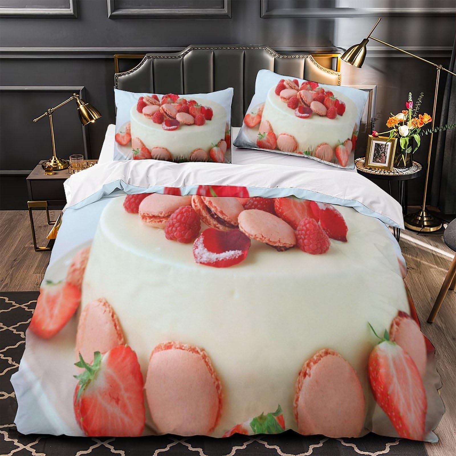 Housse de couette enfant gâteau aux fraises lit single 140x200