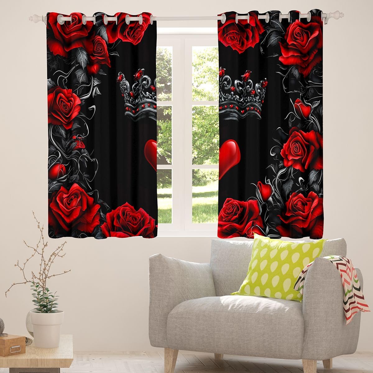 Castle Fairy Black Crown Window Drapes for Girls Boys Red Heart Rose Blackout Curtains Gothic Romantic Floral Window Curtains Living Room Bedroom Decor Luxury Retro Style 2 Panel Sets,52Wx63L inch