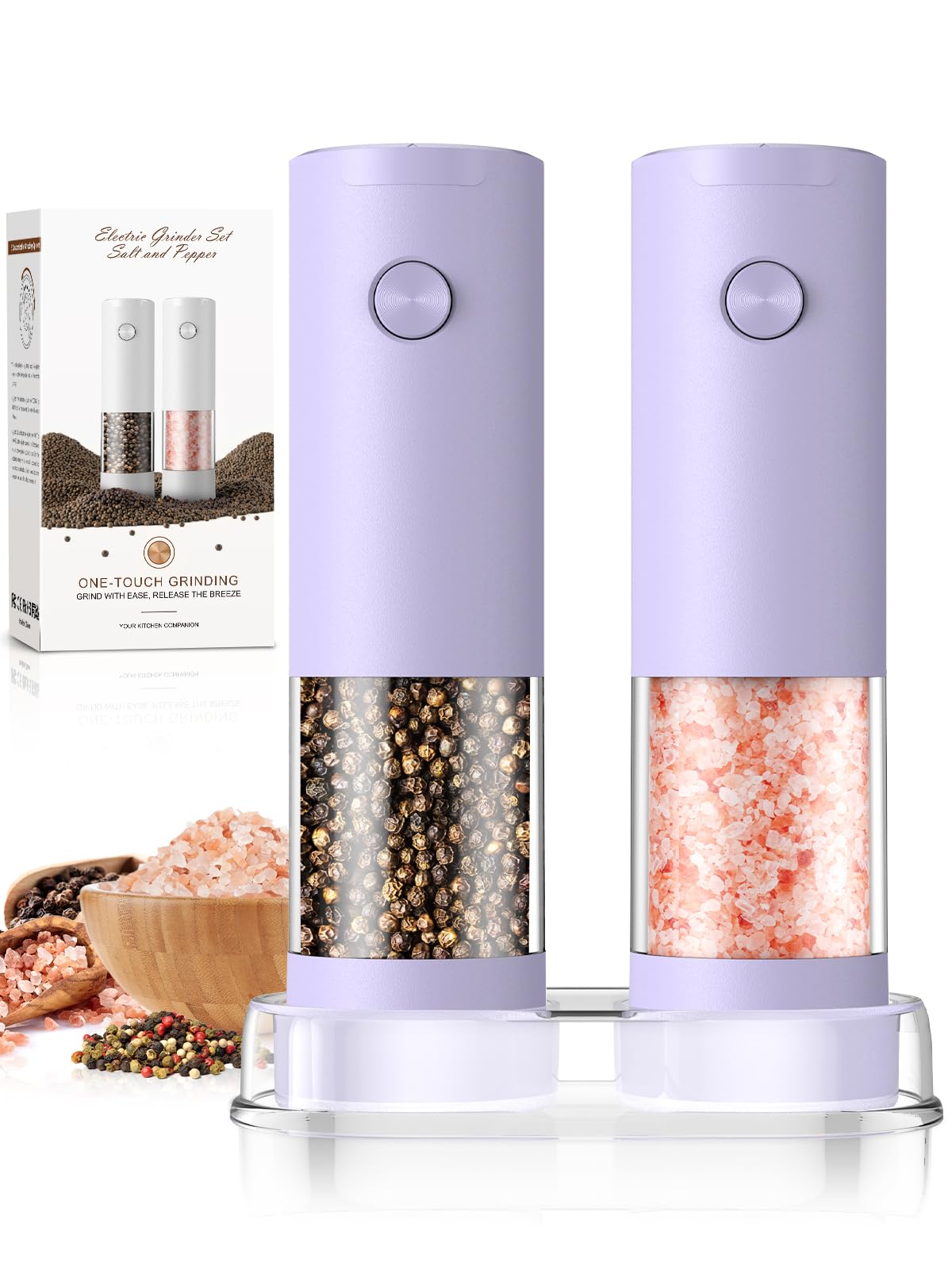 Salt and Pepper Grinder Set Gifts for Women Automatic Battery Purple Pepper Mill Shakers Kitchen Accessories Cooking for Mom, Adjustable Coarseness Salt Pepper Shakers White Elephant Gift
