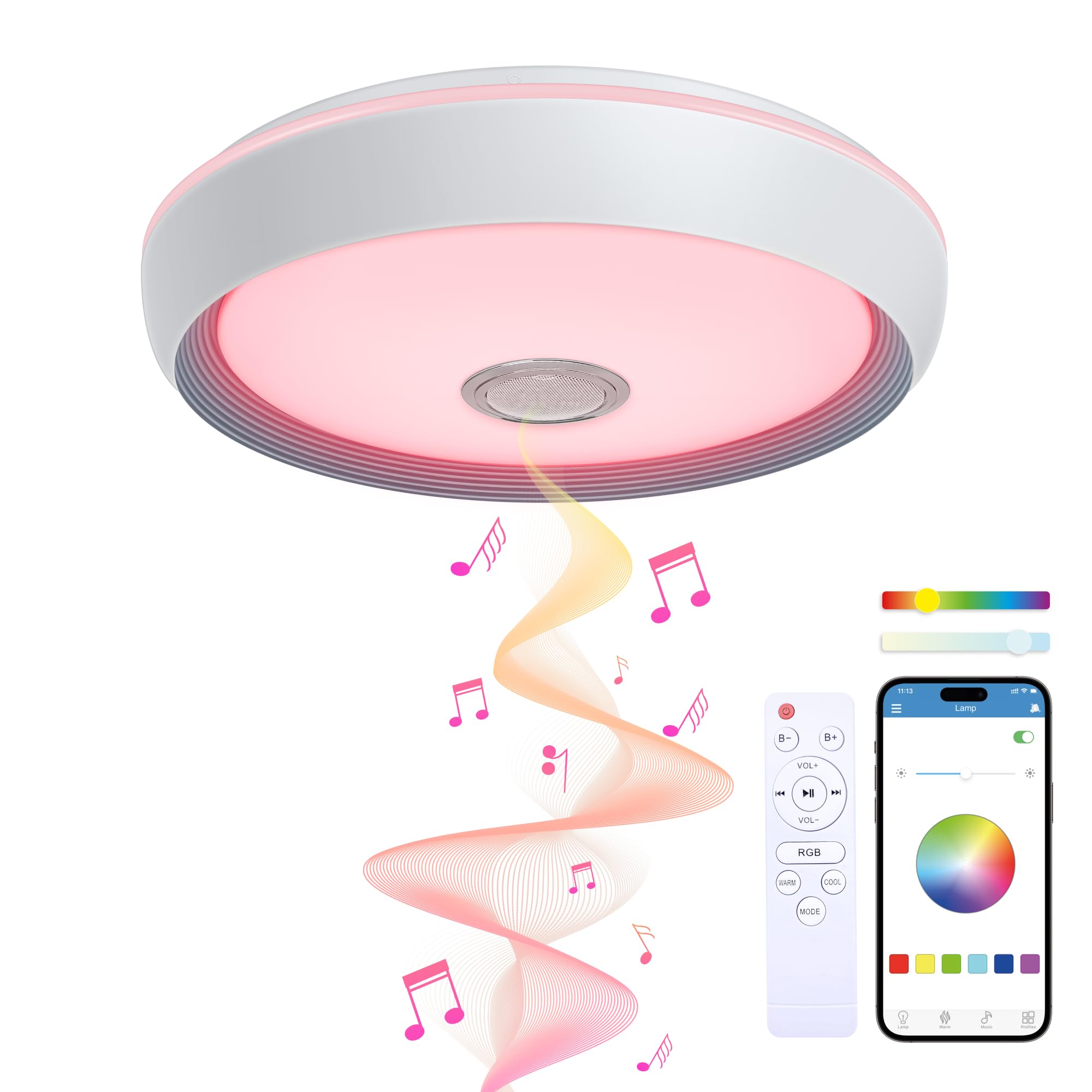 KSIX Glory Plafón Led Inteligente Techo con Altavoz, Color regulable RGB, 6200 lm, Ø47cm, Luz Controlable con Mando a Distancia y App, para Cocina Dormitorio o Infantil, Resiste polvo y salpicaduras