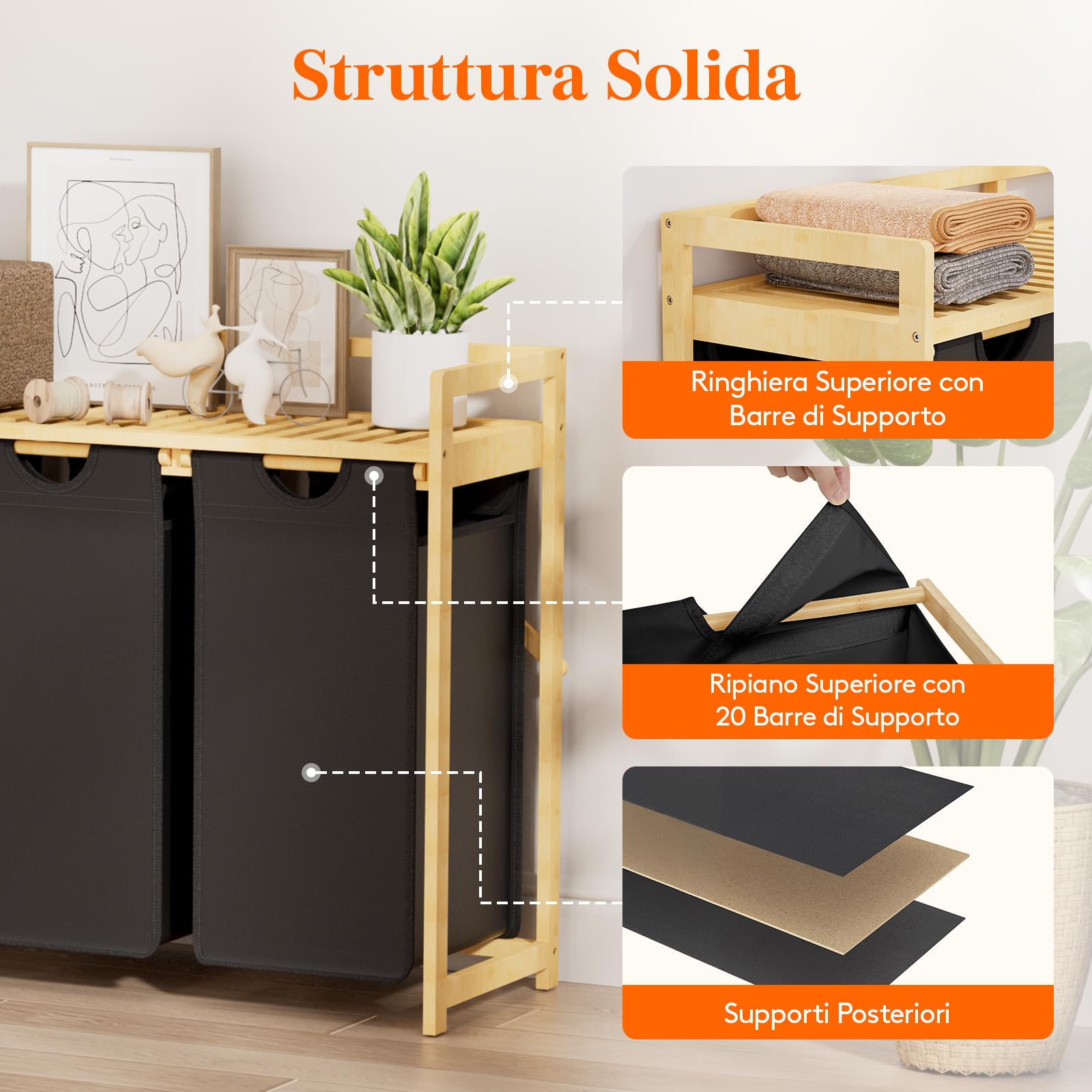 Lifewit Cesto Portabiancheria 150L a 3 Scomparti, Grande Cesta per Biancheria con 3 Sacchi Rimovibili, Mobile per Bucato per Camera da Letto, Bagno, Lavanderia, Nero