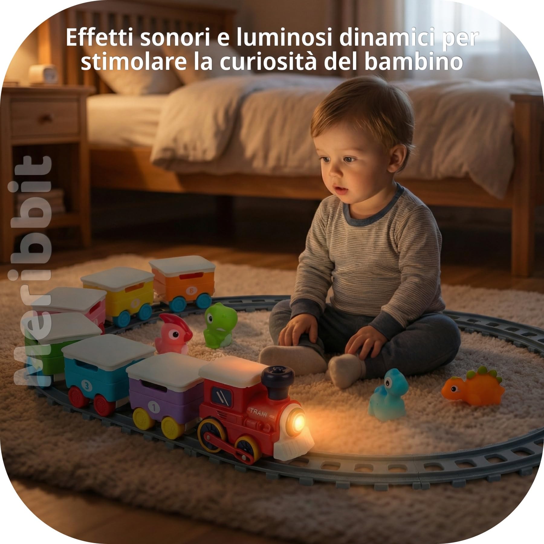 Trenino con Binari, Luci ed Effetto Vapore, Dinosauri Marionette da Dito, Giocattoli Montessori Sensoriali, Gioco Educativo per Bambini 2 Anni, Regalo 1-3 Anni